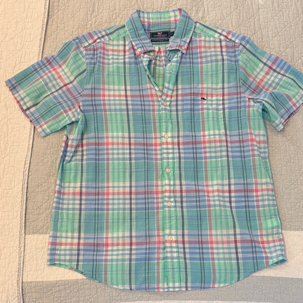 Vineyard Vines Blue and Green Plaid Shirt